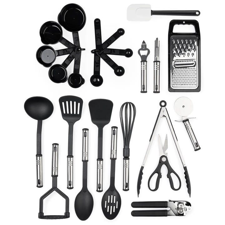 Set Ustensile Bucatarie din Nylon Rezistent la Caldura, 25 Piese, Antiaderente, cu Suport – Spatule, Linguri, Polonic, Cleste, Tel, Razatoare, Cani si Linguri de Masurare – Onuvio®