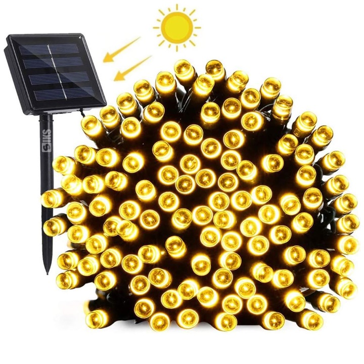SIKS napelemes lineáris karácsonyi fényfüzér távirányítóval kültéri / beltéri, 10 m, 100 LED, 8 fényjátékkal, sötétzöld vezeték, napelemes panel karóval, meleg fehér