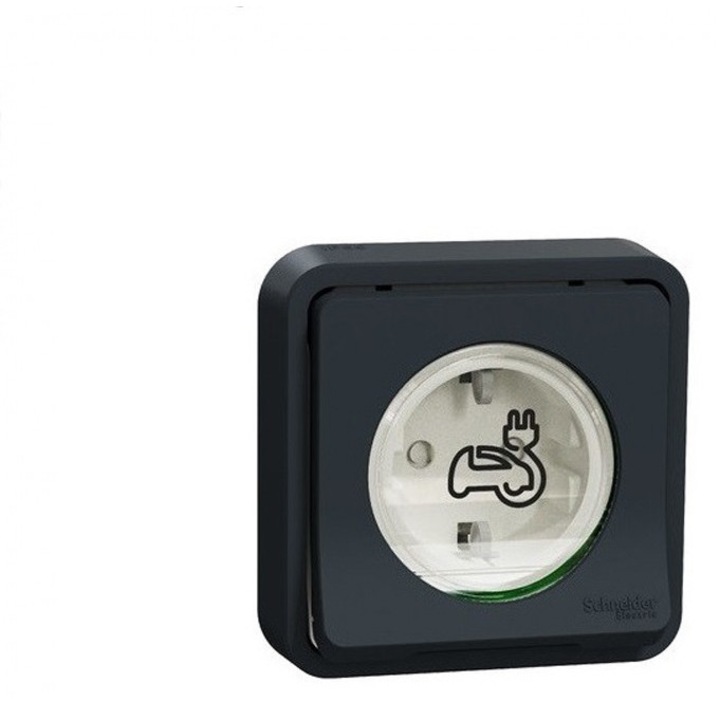 Подсилен Шуко контакт за зареждане на електромобили Schneider, 3.7kW, 16A, IP55, IK10, за скрит монтаж, черен цвят
