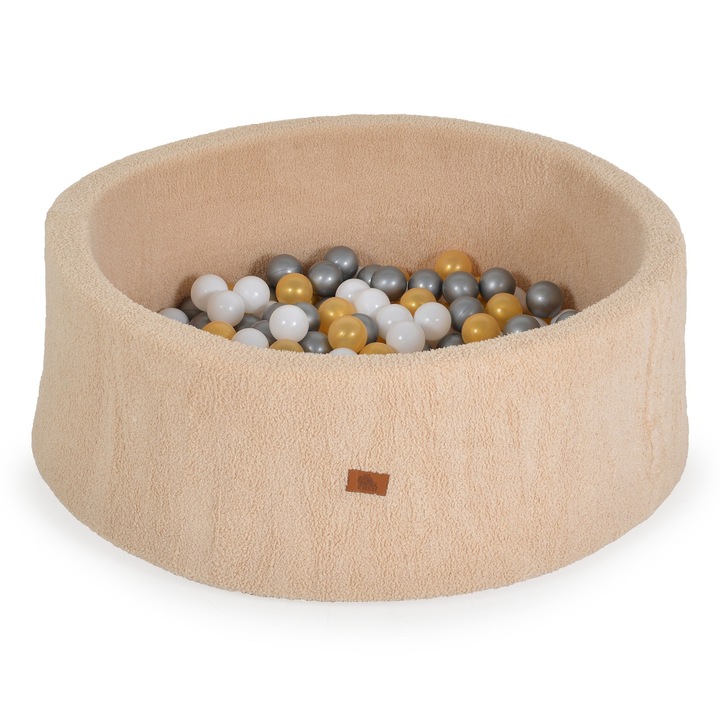 Piscina uscata Moni Boucle pentru bebelusi si copii 90x30cm, Material din spuma, Husa detasabila cu fermoar si lavabila, 200 bile colorate incluse, Bej