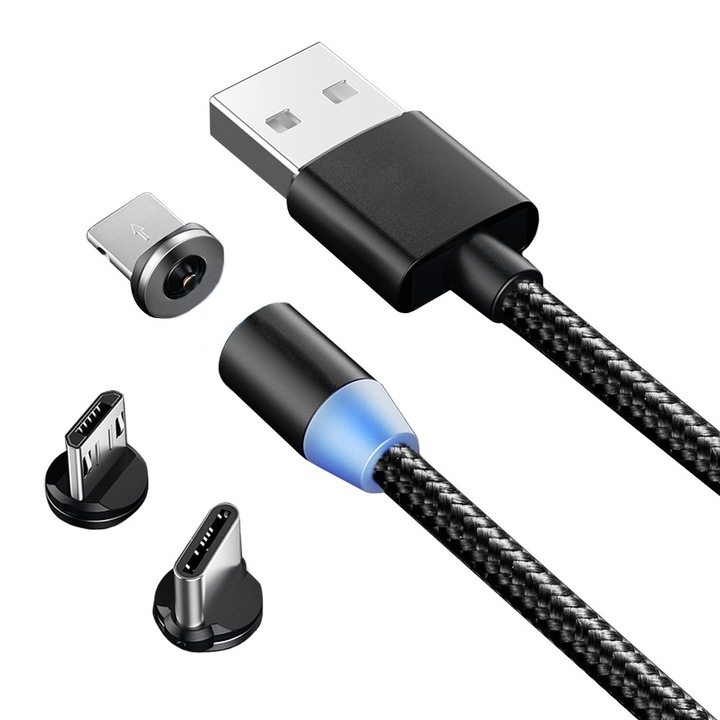 Cablu de incarcare magnetic 3 in 1, cu 3 conectori interschimbabili Micro USB, Type-C, Lightning, iluminare LED, negru, 1m