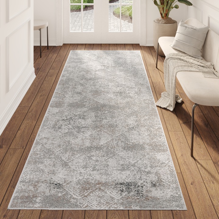 Covor, Tapiso, Valley Cho, 70 x 150 cm, Gri, OEKO-TEX, Inaltime Fir 4 mm, Pentru Living, Dormitor, Hol, Rezistent La UV, Rezistent La Pete, Lavabil, Usor de curatat, Rezistent La Intemperii, Impermeabil, Moale La Atingere