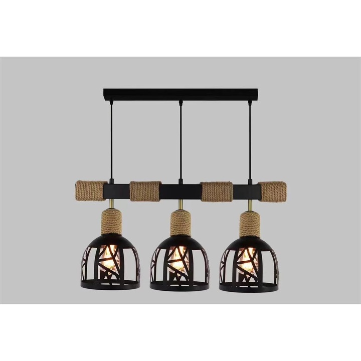 Pendul Rustic RFAN, Model 5573-3, 3 x E27, Inaltime Reglabila, Negru