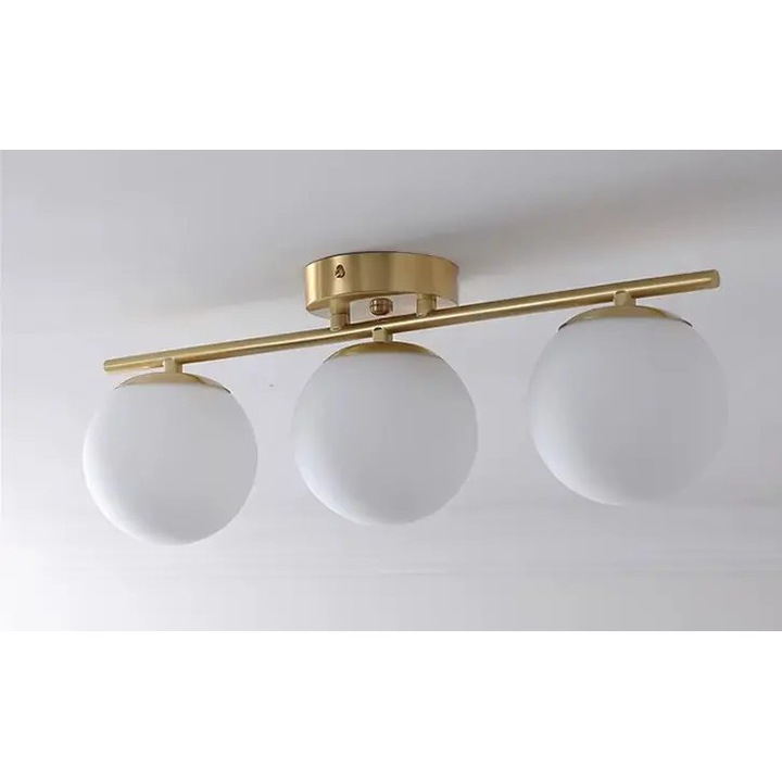 Осветително тяло Златист с бял стъклен глобус, модерно, E27x3, размер 50 × 13 × 20 см