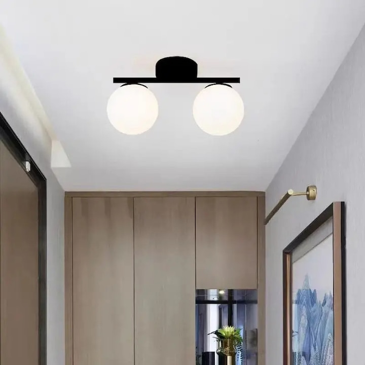Lustra culoare negru cu Glob alb din sticla, Moderna, E27x2, dimensiune 35 × 13 × 20 cm