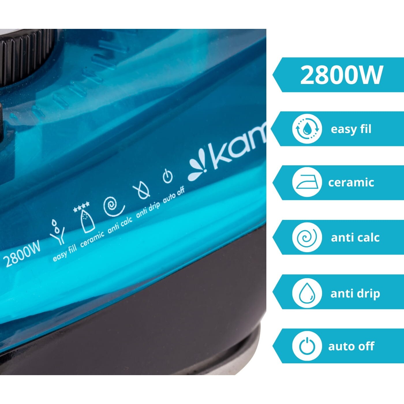 Fier de calcat cu abur 2800 W – Anti-Calc, Anti-Drip, functie verticala, albastru