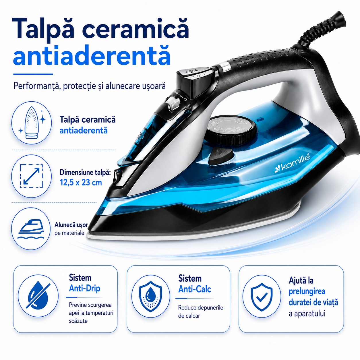 Fier de calcat cu abur Kamille, 2800 W, functie verticala, albastru, talpa ceramica 12, 5x23cm