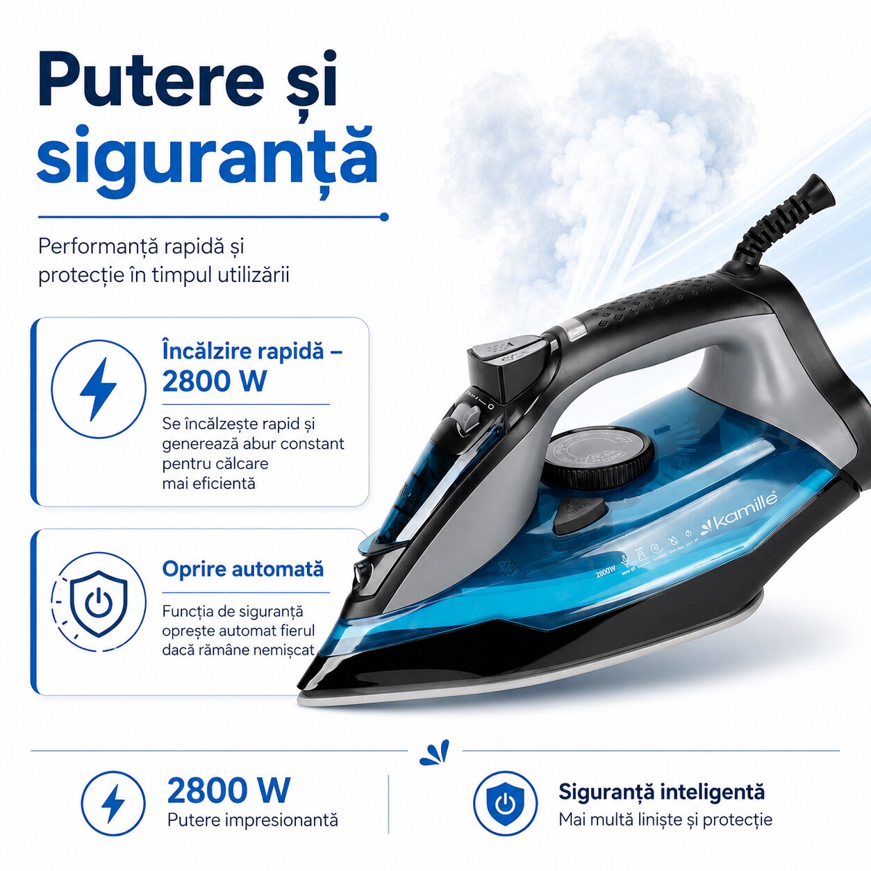 Fier de calcat cu abur Kamille, 2800 W, functie verticala, albastru, talpa ceramica 12, 5x23cm