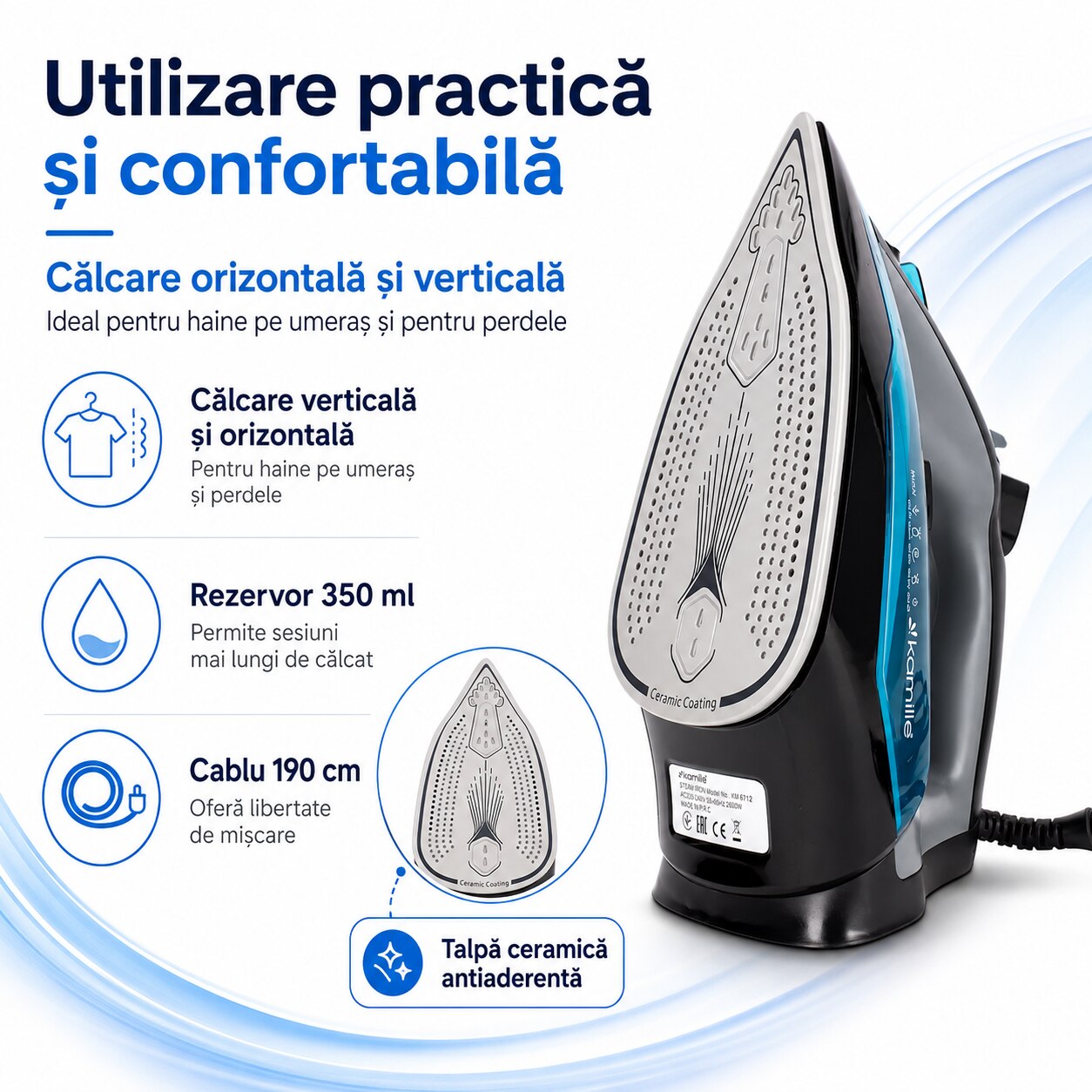 Fier de calcat cu abur Kamille, 2800 W, functie verticala, albastru, talpa ceramica 12, 5x23cm