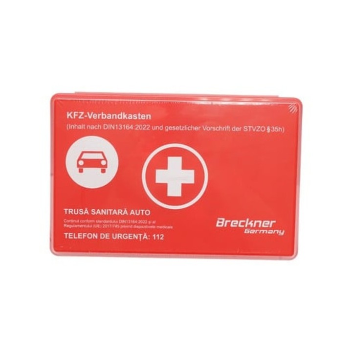 Trusă de prim ajutor auto, Breckner Germany, bandaje sterile, foarfecă, roșu, standard DIN 13164:2022