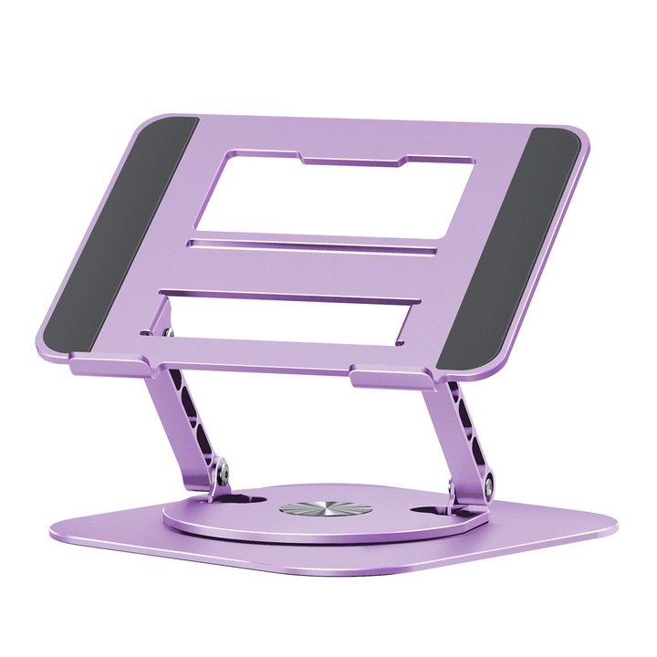 Suport laptop PadForce®, 11-17.3" inch, Rotire 360°, Ajustabil pe Inaltime, Pana la 10 kg, Portabil, Anti-Alunecare, Stabil pe birou, Reglaj intensitate ajustare cu inbus, Ergonomic, Compatibil MacBook, Tableta, iPad, Universal din Aluminiu Solid - Mov