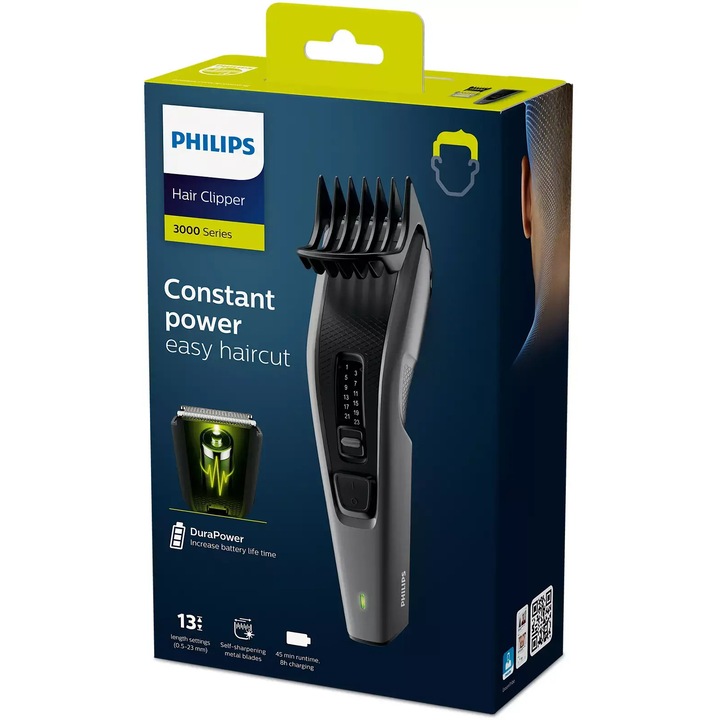 Машинка за подстригване Philips HC-3525/15, 13 настройки, 0, 5 мм до 23 мм, Самонаточващи се стоманени ножчета, 45 мин безжична работа, Черен/Сив