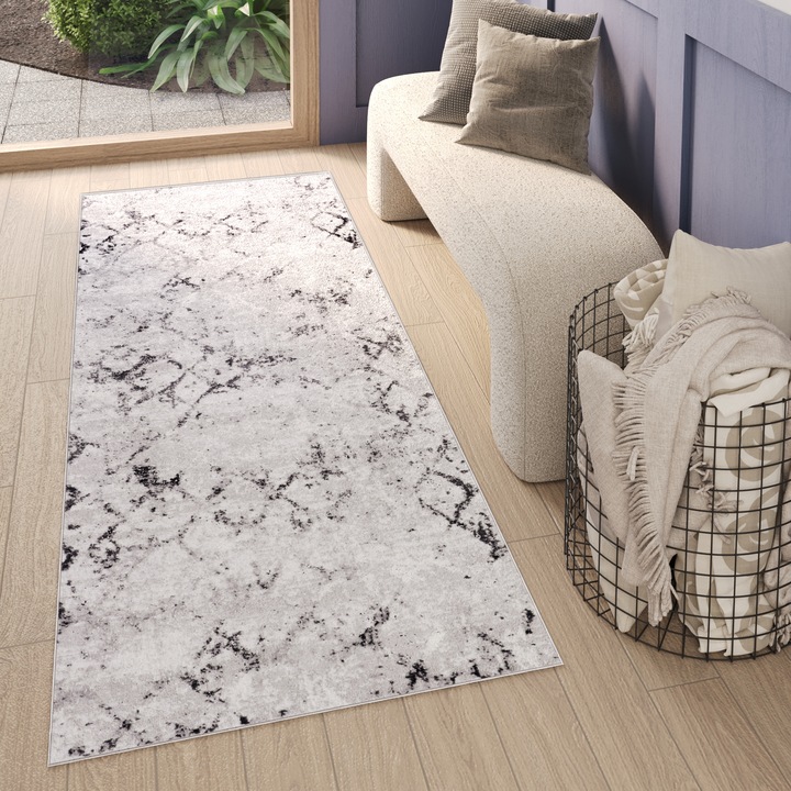 Covor, Tapiso, Sky Cho, 120 x 250 cm, Crem/Gri, Inaltime Fir 12 mm, OEKO-TEX, Pentru Living, Dormitor, Rezistent La UV, Rezistent La Pete, Lavabil, Usor de curatat, Rezistent La Intemperii, Impermeabil, Moale La Atingere