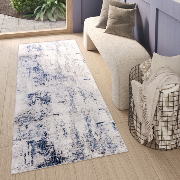 Covor, Tapiso, Sky Cho, 80 x 250 cm, Gri/Albastru, Inaltime Fir 12 mm, OEKO-TEX, Pentru Living, Dormitor, Rezistent La UV, Rezistent La Pete, Lavabil, Usor de curatat, Rezistent La Intemperii, Impermeabil, Moale La Atingere