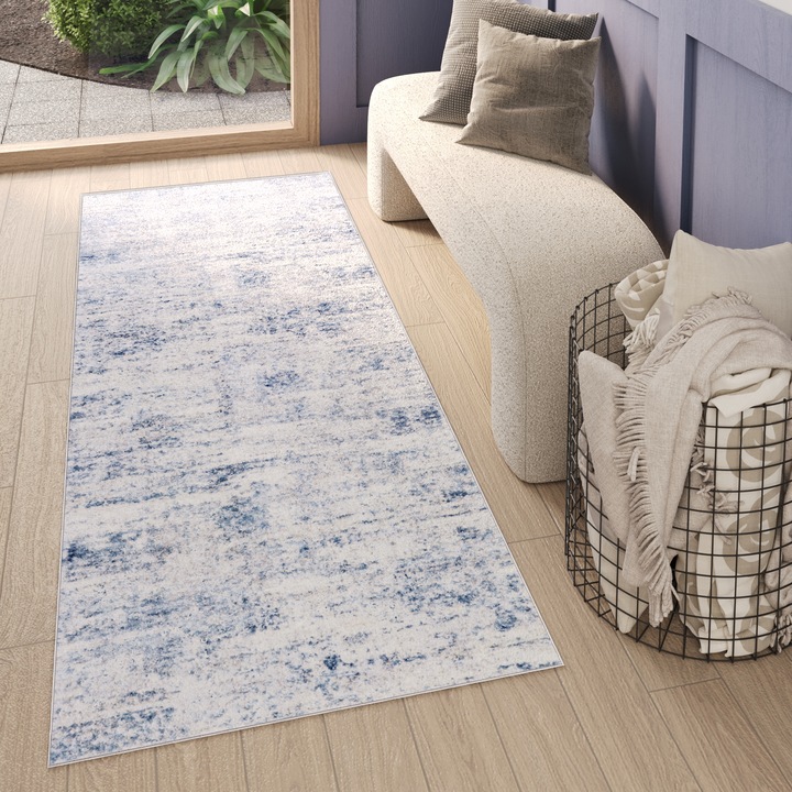 Covor, Tapiso, Sky Cho, 70 x 500 cm, Crem/Albastru, Inaltime Fir 12 mm, OEKO-TEX, Pentru Living, Dormitor, Rezistent La UV, Rezistent La Pete, Lavabil, Usor de curatat, Rezistent La Intemperii, Impermeabil, Moale La Atingere