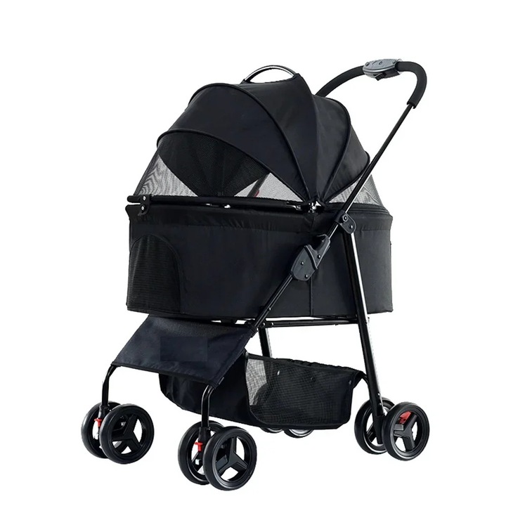 Carucior caini si pisici, buggy 2 in 1 cu 4 roti, Pliabil, Plasa respirabila, Cos de depozitare, Cadru metalic, Pana la 30 kg, Negru