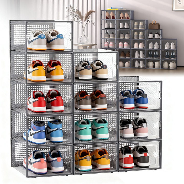 12 darabos cipőrendező doboz készlet, Wacorresi, összecsukható, szürke, 33.5x23x14cm