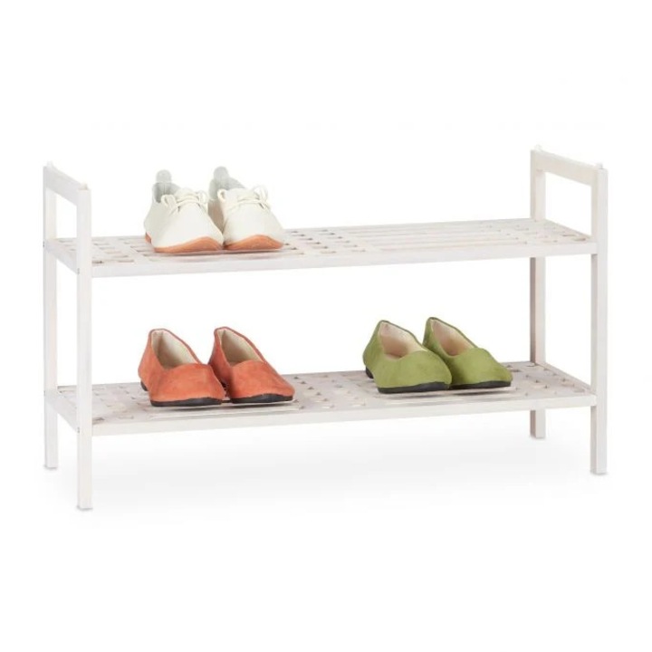 B2X halmozható cipőtartó, 2 polcos, fehér és natúr fa, 60x30x40cm
