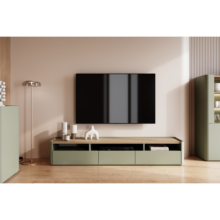 Comoda TV Bogart, Elivo, verde eucalipt, 3 usi, 200x35,5x48cm