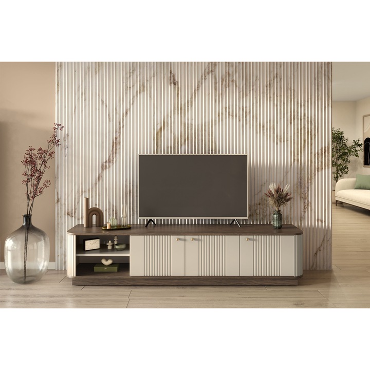 Comoda TV Bogart, 3 usi, 4 rafturi, culoare bej si nuc, 187x43x38cm