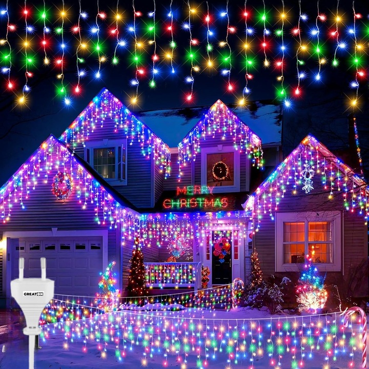 Instalatie Craciun GREATON Tip Turturi, 25m, 480 LED, Franjuri Curgatoare, Interior/Exterior, Fir Alb, 1 Joc de Lumini, Interconectabila, Rezistenta la Apa, Multicolor