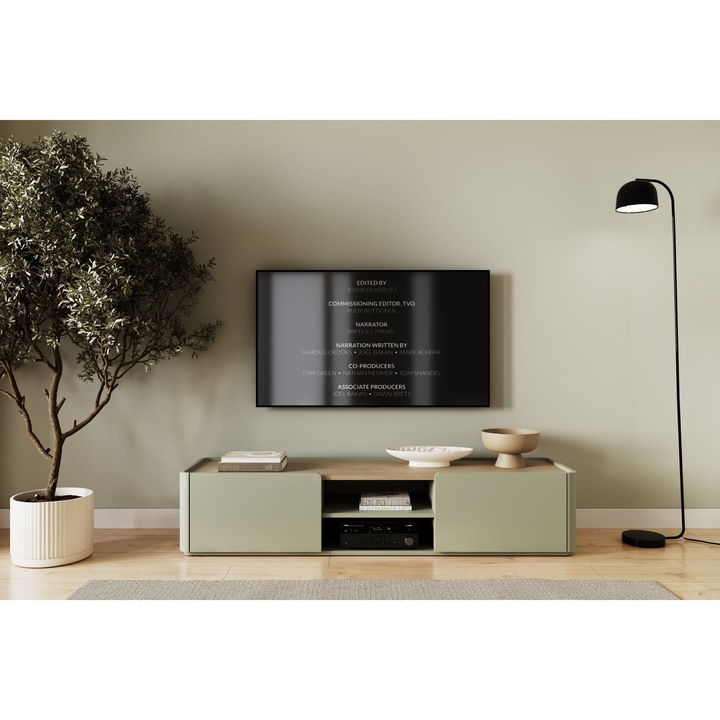 Comoda TV, Elivo, eucalipt, blat stejar baltic dune, 1 usa, 1 sertar, 170x35,5x48cm