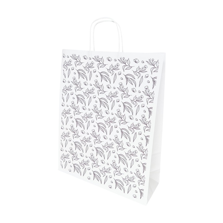 Set 200 bucati Pungi Hartie Model 16 Floral, 32 x 41 x 12cm, kraft Alb