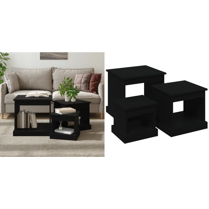 Masute de cafea, 3 buc., negru, lemn prelucrat