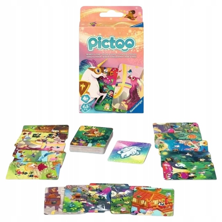 Ravensburger Pictoo Fantasy kártyajáték szett, 57 nagy, színes kártya, 10-15 perc játékidő, fejleszti a megfigyelést, reflexeket és a koncentrációt, rejtett képeket tartalmazó kártyák, használati útmutató, többszínű