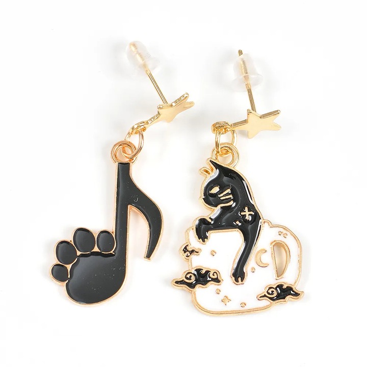 Cercei asimetrici cu pisica neagra si nota muzicala, Meli Melo Paris