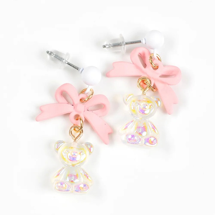 Cercei cu fundita roz si ursulet irizat, Meli Melo Paris