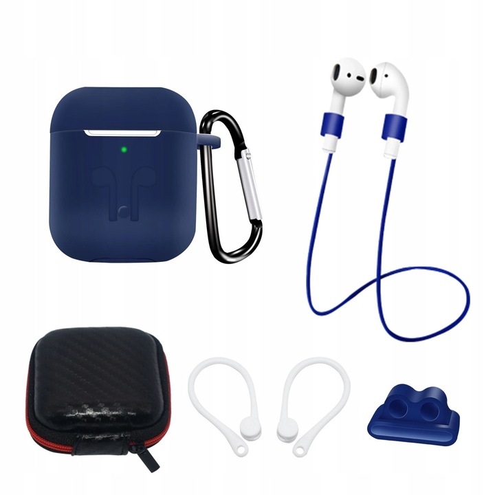 Set accesorii pentru AirPods 2 / AirPods 1, Hurtel, etui silicon, carabinier, suport ureche, curea pentru gat, albastru, negru, alb