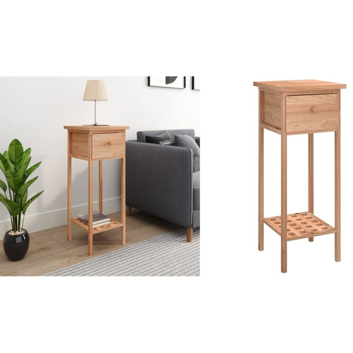 Masa laterală cu sertar, lemn masiv de nuc, 25x25x60 cm