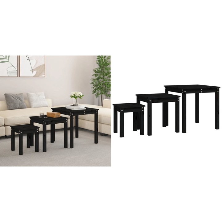 Set mese suprapuse, lemn masiv de pin, negru, 55x55x55cm, 43x43x45cm, 31x31x35cm