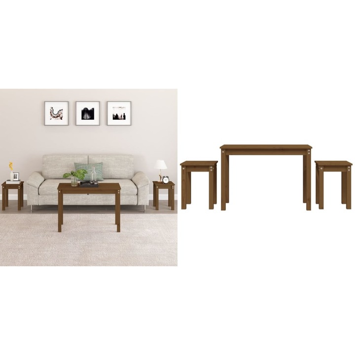Set mese suprapuse, lemn masiv de pin, maro miere, dimensiuni 80x40x55cm și 30x30x40cm