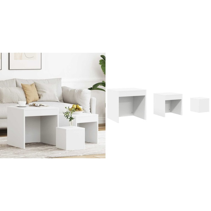 Set mese suprapuse, alb, lemn prelucrat, 3 buc., 45x45x45cm, 35x35x35cm, 24x24x24cm