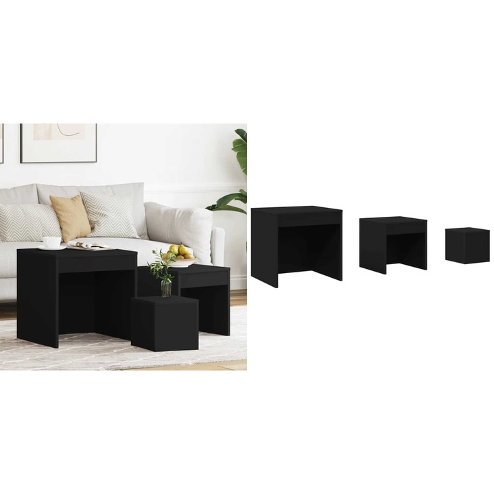 Set mese suprapuse, 3 buc., negru, lemn prelucrat, dimensiuni 45x45x45cm, 35x35x35cm, 24x24x24cm