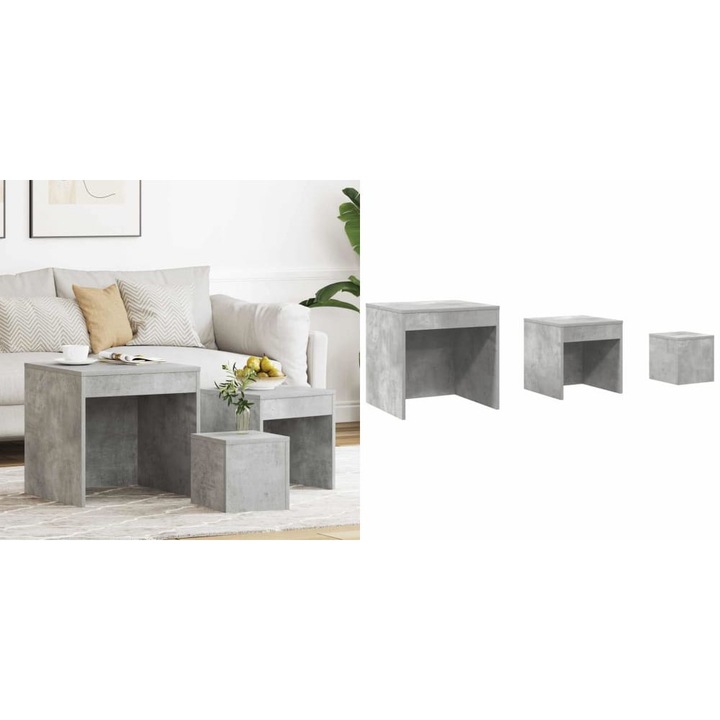 Set mese suprapuse, gri beton, lemn prelucrat, 3 buc., dimensiuni 45x45x45cm, 35x35x35cm, 24x24x24cm