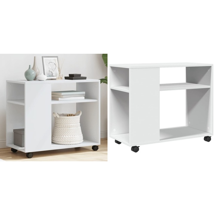 Masă laterală cu roți, alb/maro, 70x35x60cm, lemn prelucrat, 2 rafturi