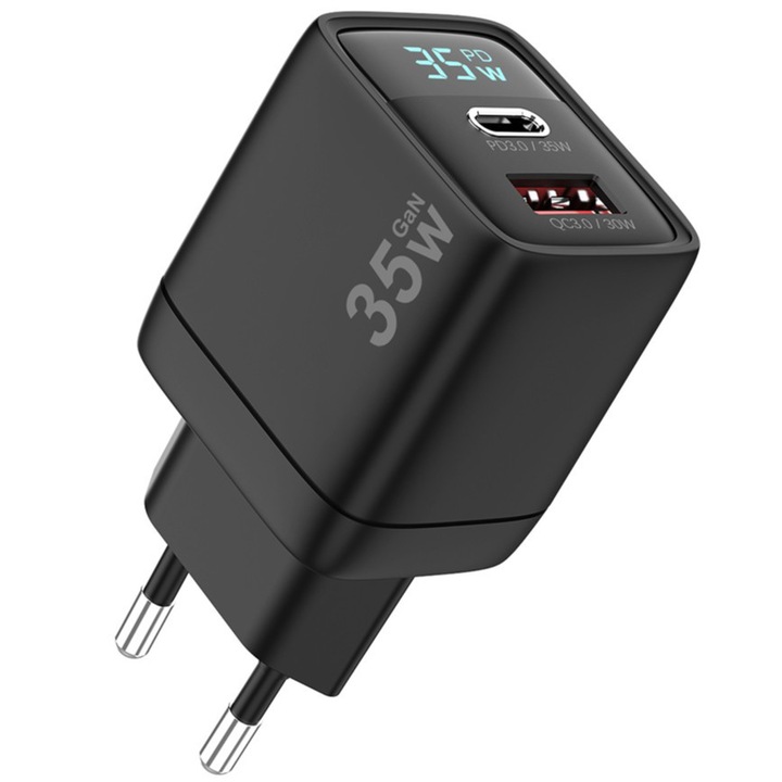 Încărcător DD Daden Fast Charge, 35W, 2 Porturi, GaN, USB + Type-C, Negru