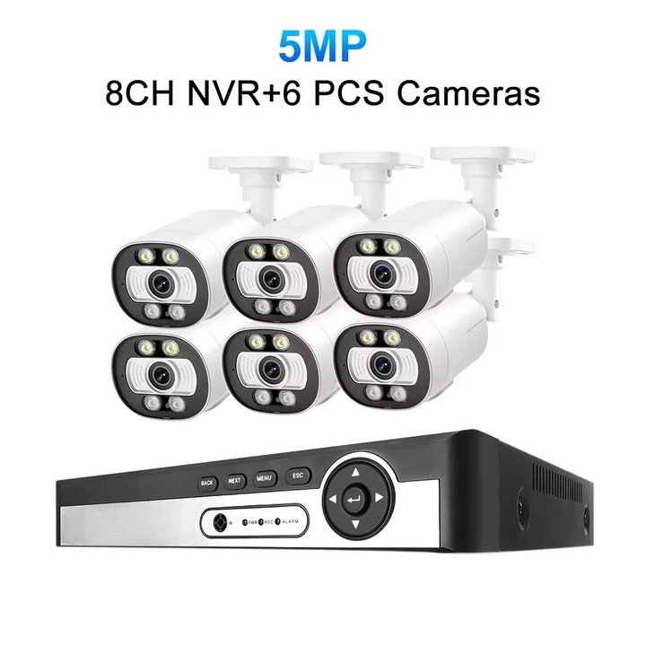 Система за наблюдение с 8 камери, 5MP, AI за разпознаване на хора, 8-канален комплект, 20м кабел
