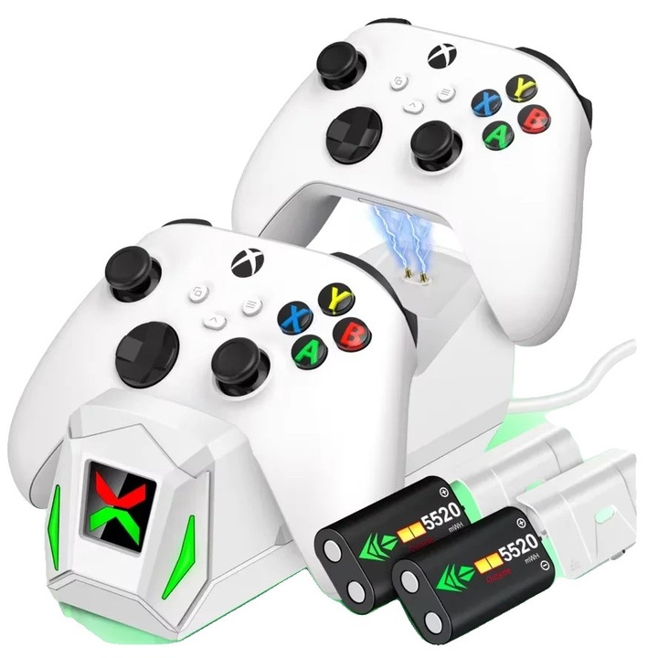 Dock de incarcare dual pentru controlere, alb, capacitate baterie 2 x 5520mWh, timp de incarcare 4-5 ore