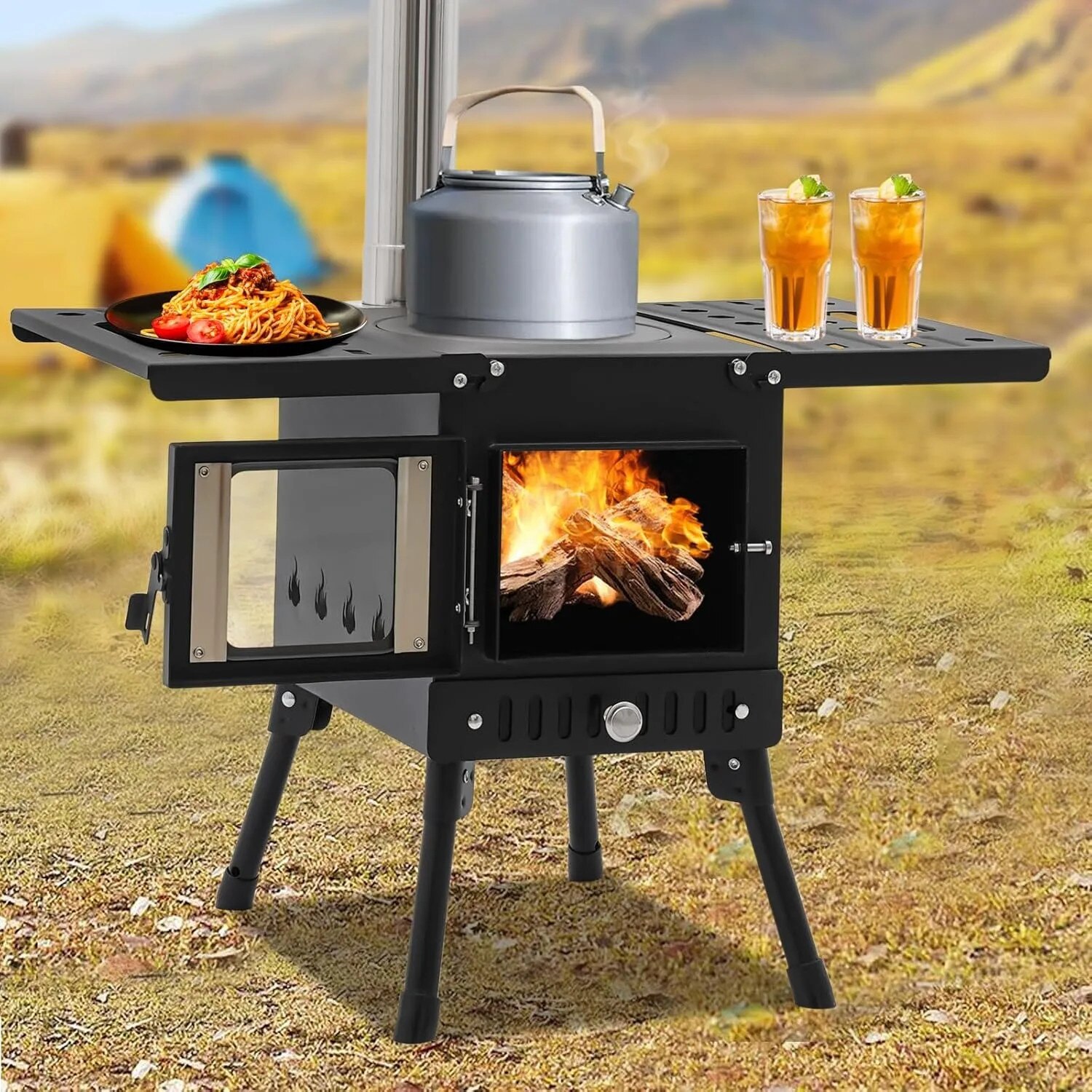 Arzator camping, design portabil, incalzire eficienta cu lemne