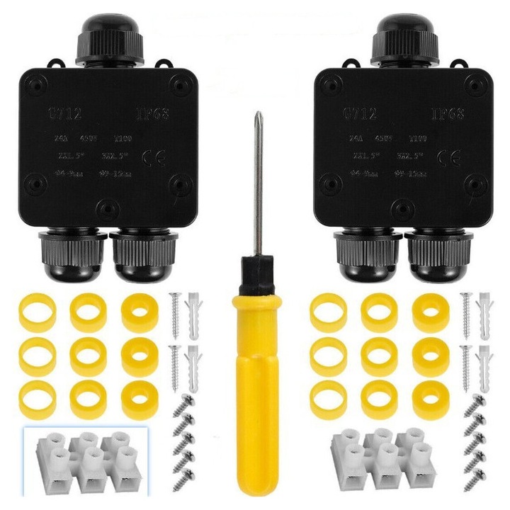 Set de 2 cutii de jonctiune, impermeabile IP68, doza 11.5 cm x 7 cm, cu 3 cai 4mm - 14mm, 24A 450V, neagra, Lampa stradala subterana pentru exterior, cu trei cai, cu lipici din plastic, impermeabila, cutie