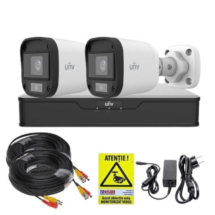 Uniview megfigyelő szett, 2 mini kültéri kamera, ColorHunter, 5MP 2K+, 20m fehér fény, színes éjszakai látás, 4 csatornás DVR, szerelési tartozékok, telefonos megtekintés