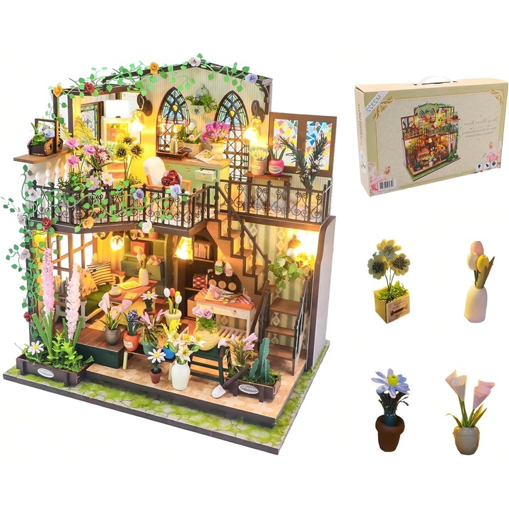 Puzzle 3D könyvsarok DIY kerti ház, miniatűr házikó LED lámpákkal 22 x 17 x 23 cm, dekorációs kiegészítő