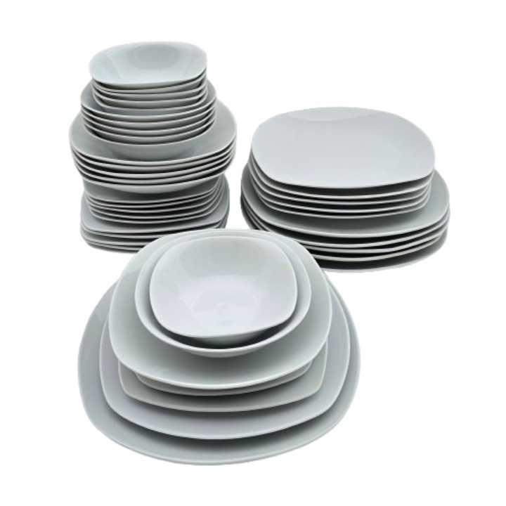 Set complet de farfurii, 42 de piese, pentru 6 persoane, Portelan, Alb