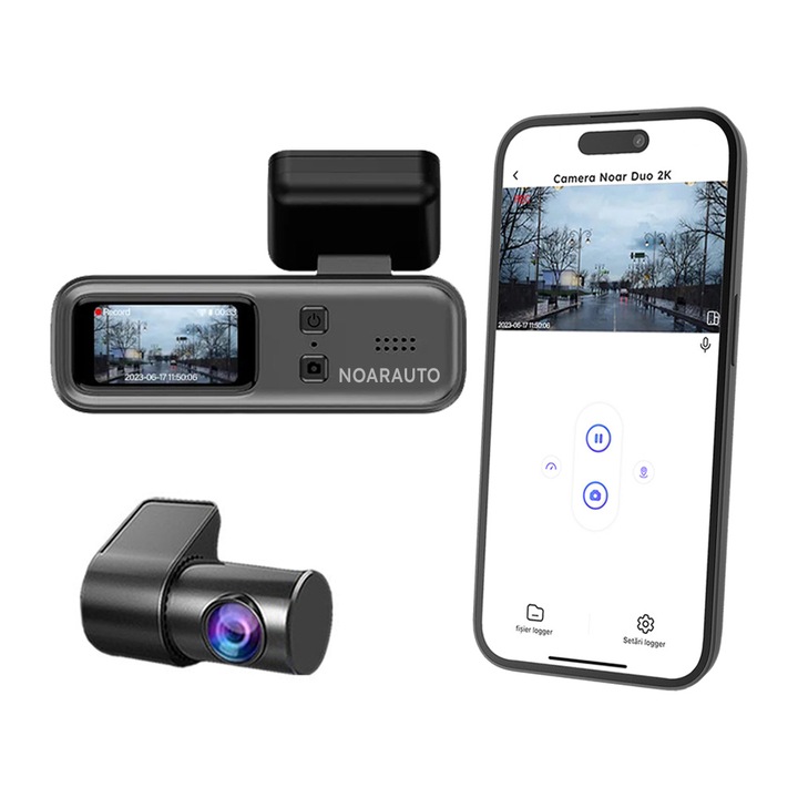 Camera Auto Noar Duo 2K, Camera Spate Full HD, Aplicatie Telefon, Modul Parcare, Vedere Nocturna, Inregistrare in Bucla, Senzor G
