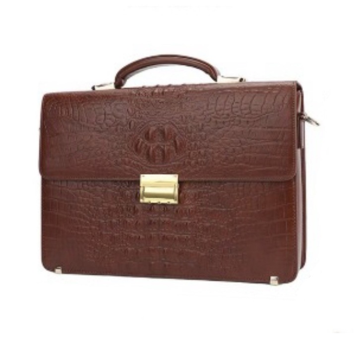 Бизнес чанта, естествена крокодилска кожа, кафяв цвят
