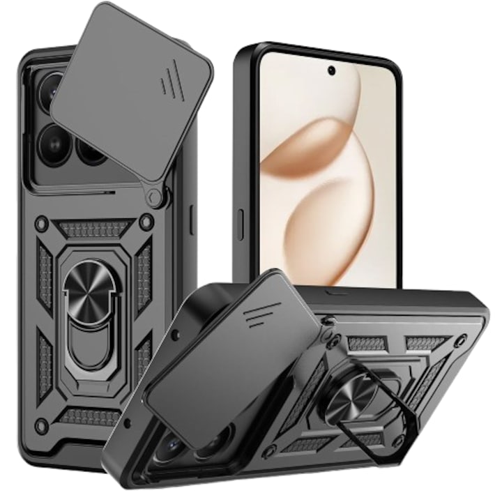 Husa pentru Honor 400 Smart / X7d 4G, SKYDDAR INNOVATION, CamShield, Inel magnetic, set cu sticker, Negru